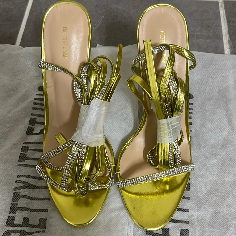 PrettyLittleThings GOLD DIAMANTE LACE UP CONE‎ HEELS size 5